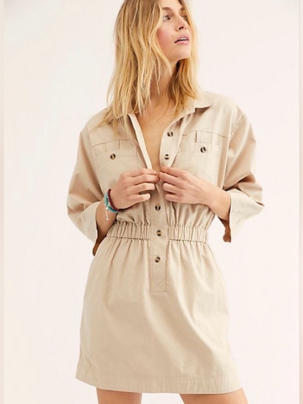 Free People Hazel Utility Safari Shirt Dress Khaki Button Down Small S P Women’s